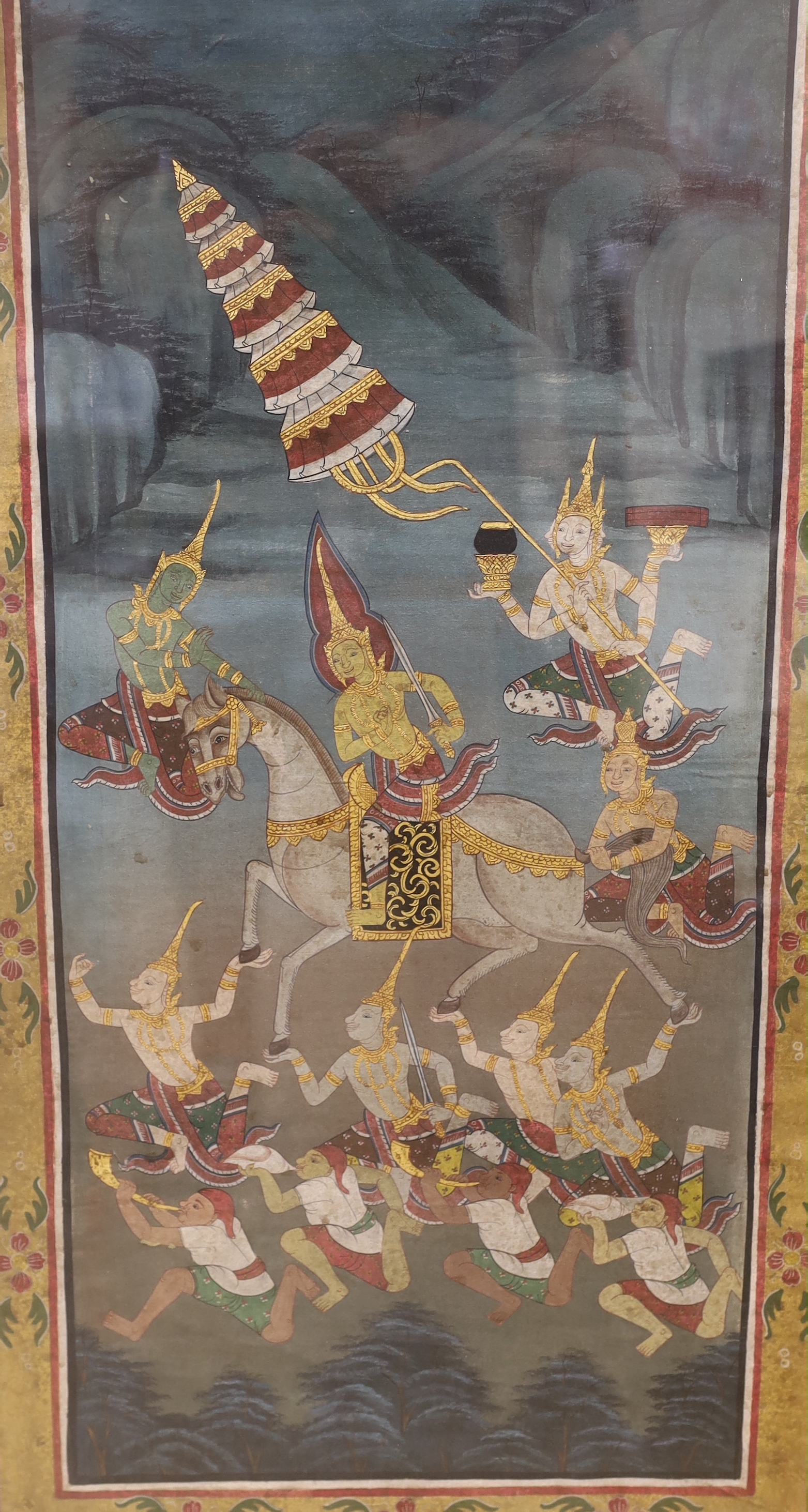 Asian School, three watercolours heightened with gilt, Scenes from folklore, 68 x 31cm, overall painted area 78 x 40cm